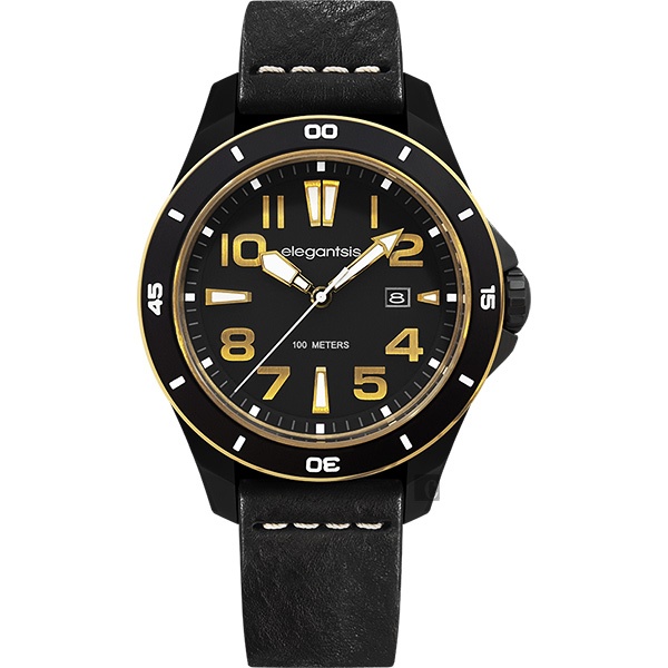 elegantsis JT65 騎士系列復古潮流腕錶-黑x金框/48mm ELJT65-2G01LC, , large
