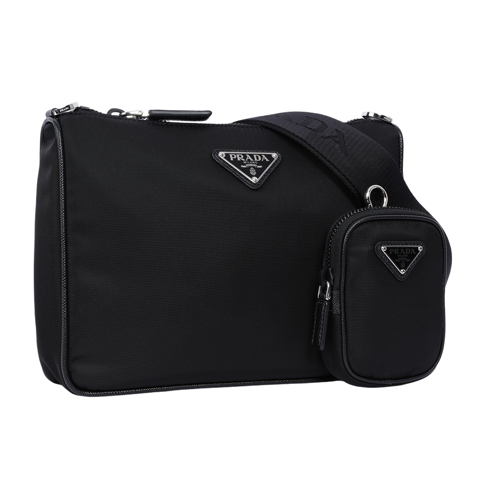 PRADA 三角牌Logo三合一附小袋再生尼龍郵差包/黑色, , large