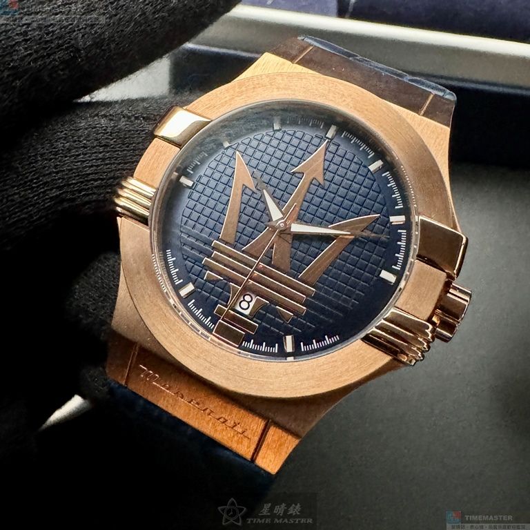 [星晴錶業]MASERATI手錶,42mm,R8851108027寶藍色錶面玫瑰金錶殼寶藍真皮皮革錶帶款, , large
