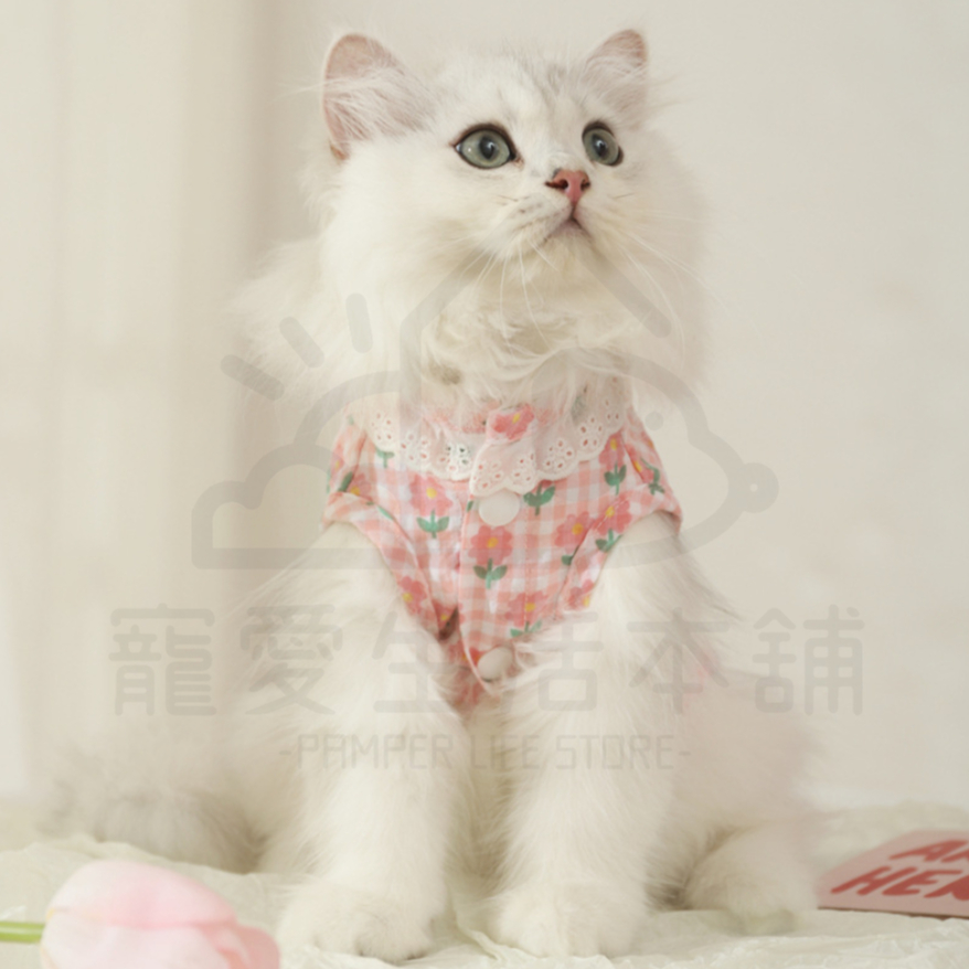【寵愛生活本舖】寵物夏季薄款格紋花朵背心 寵物衣服 寵物防曬 貓衣服 幼犬貓衣服, , large