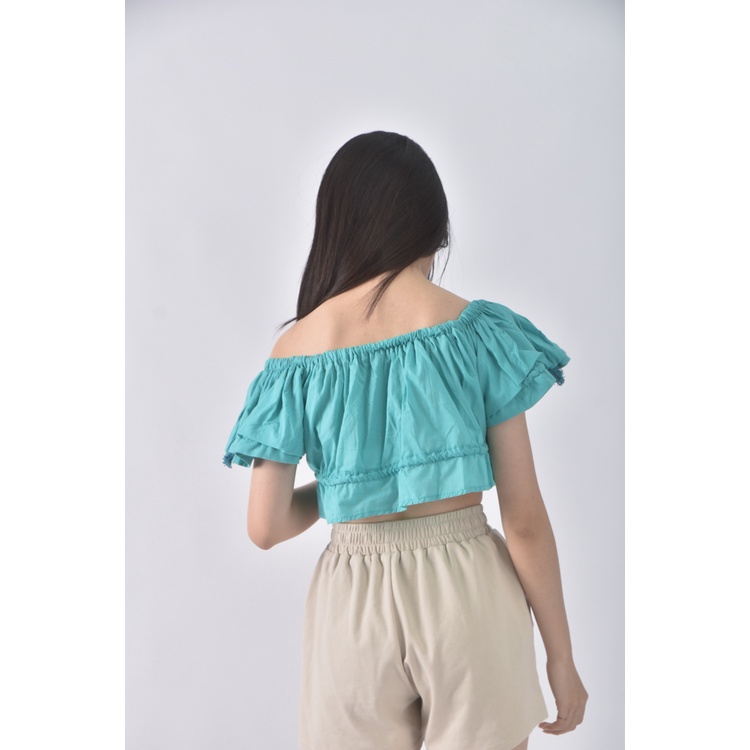 (S) 一字領綠色短袖上衣二手衣, , large