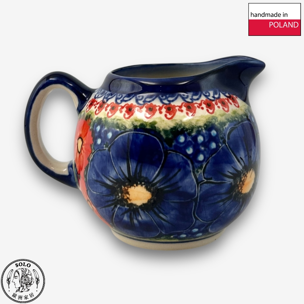 【SOLO Vintage】Cerraf Polish Pottery 320ml Milk Jug Red and Blue Blossoming Elegance Series Made in Poland, , large