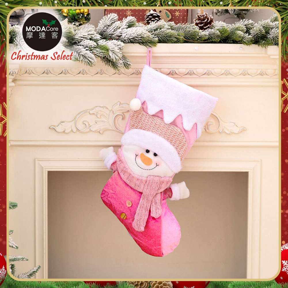 摩達客耶诞-夢幻聖誕雪人絨布粉紅聖誕襪, , large