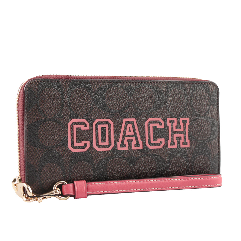 COACH Varsity 標誌塗層帆布附可拆提把長夾/巧克力色/西瓜紅, , large