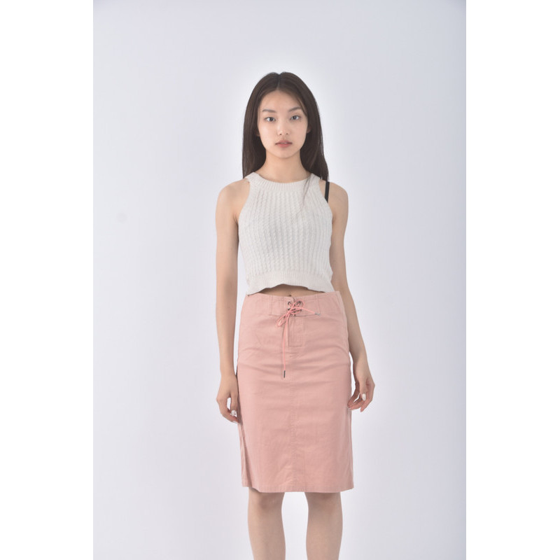 (L) gucci質感丹寧牛仔綁帶粉色短裙二手衣