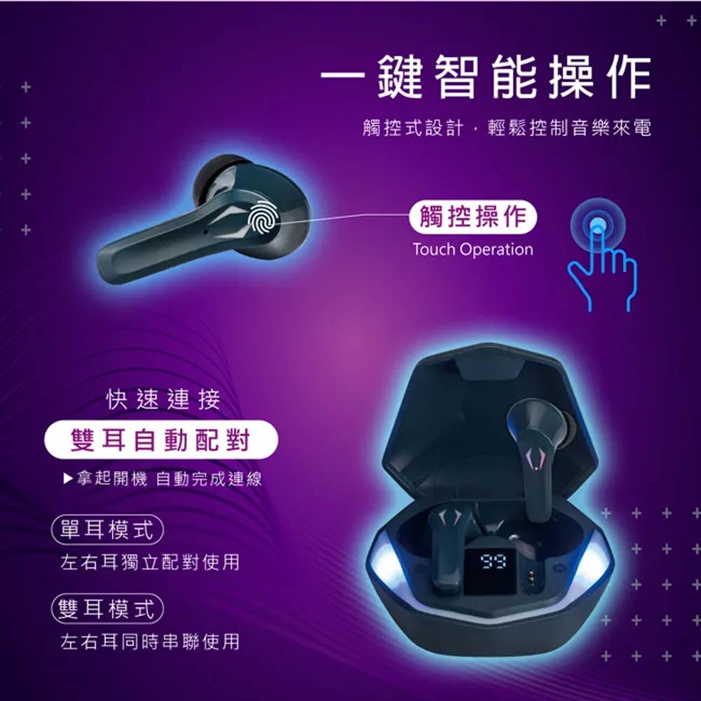 E-BOOKS SS39 Gaming RGB Magic Shadow Bluetooth 5.3 Headset Battery Display Auto Connect IPX4 Waterproof Breathing Light Cool Design, , large