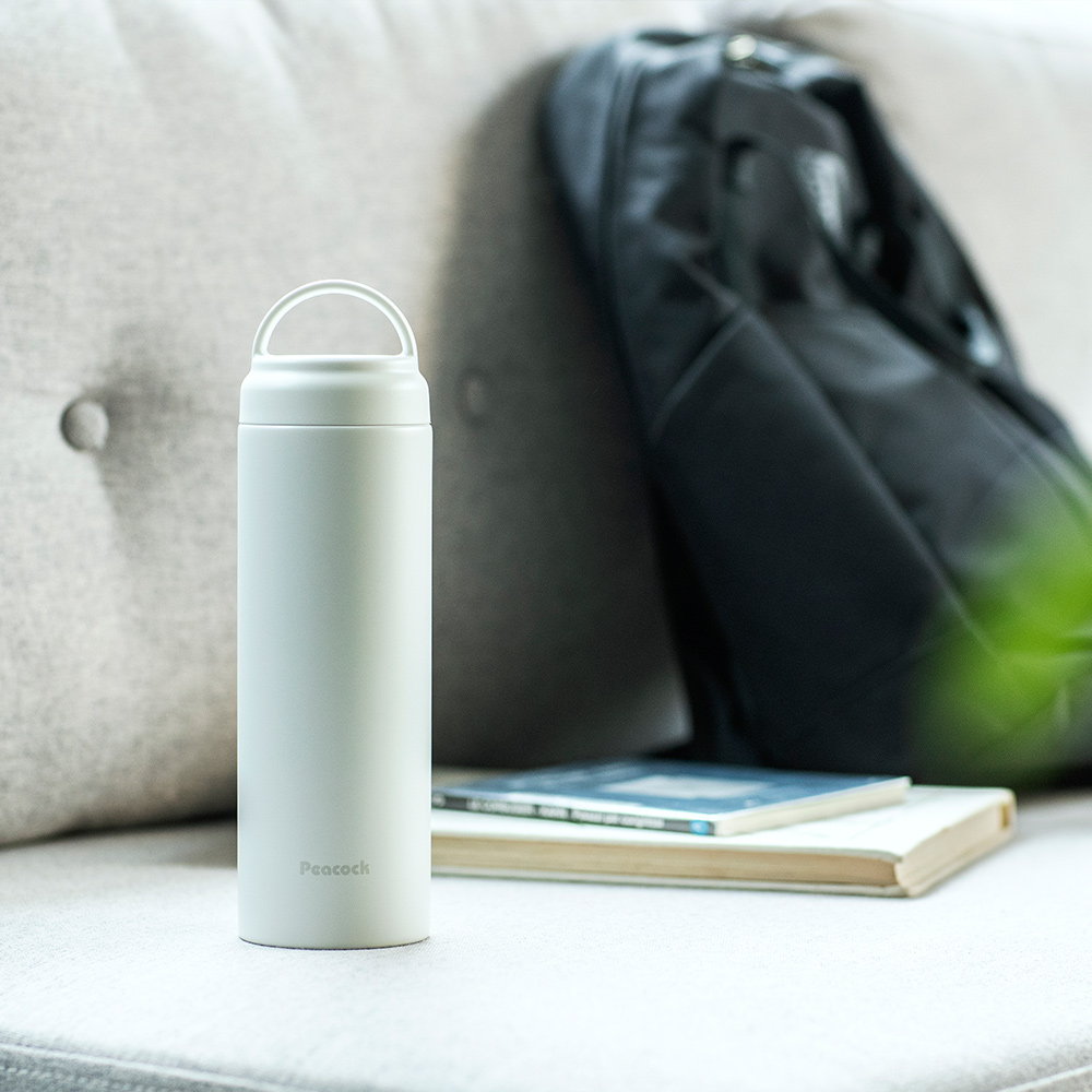 【日本孔雀Peacock】不鏽鋼 手提式City城市休閒 保冷保溫杯480ML(提把設計)-米白, , large