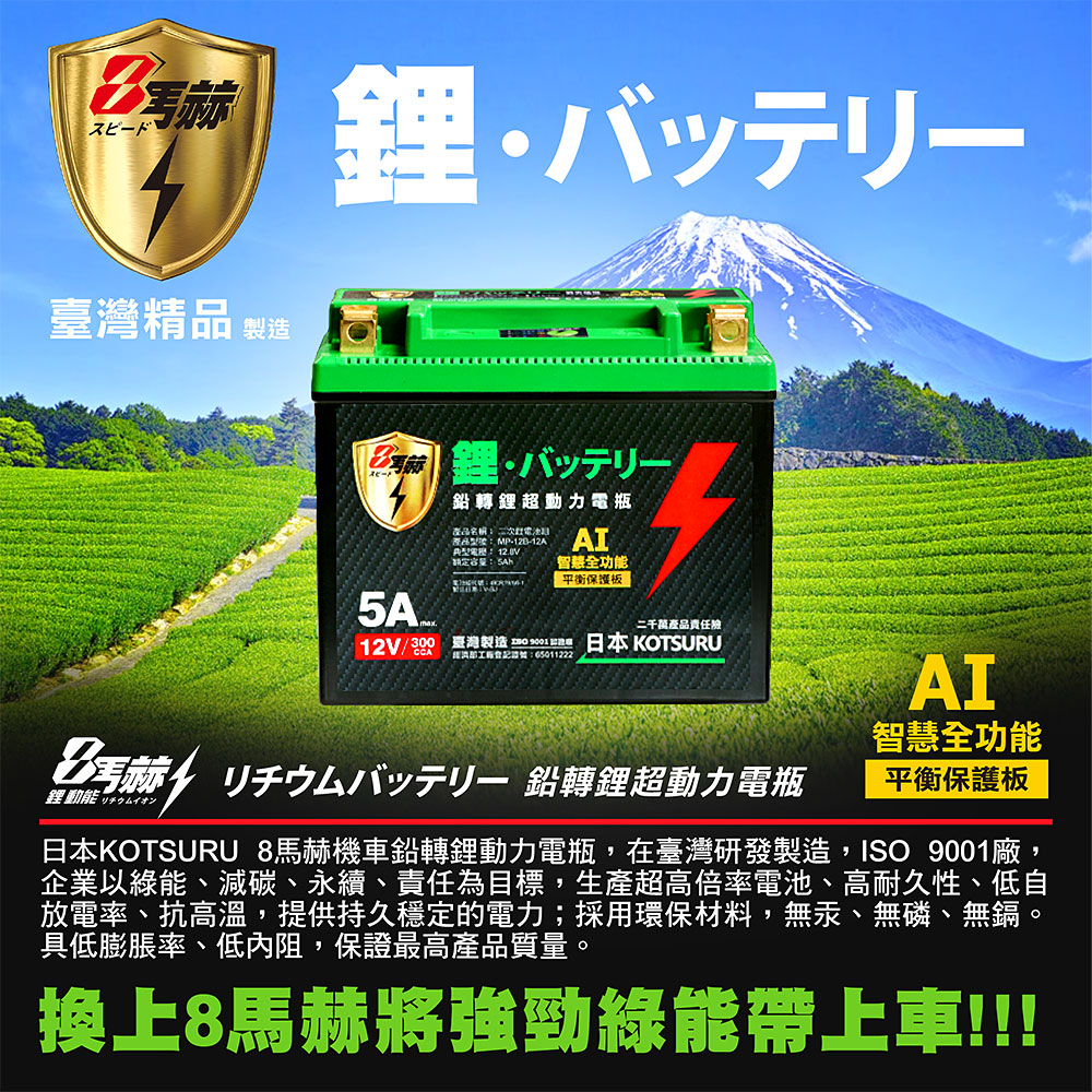 【日本KOTSURU】MP-12B 8馬赫 鉛轉鋰超動力機車電瓶 鋰鐵啟動電池 12V 300CCA 台灣製造, , large