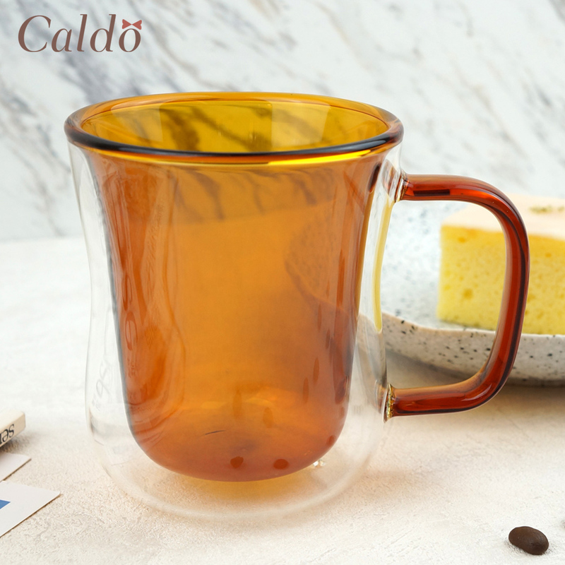 [ Caldo卡朵 ] 恬靜雙層隔熱撞色有柄玻璃杯 380ml - 琥珀, , large