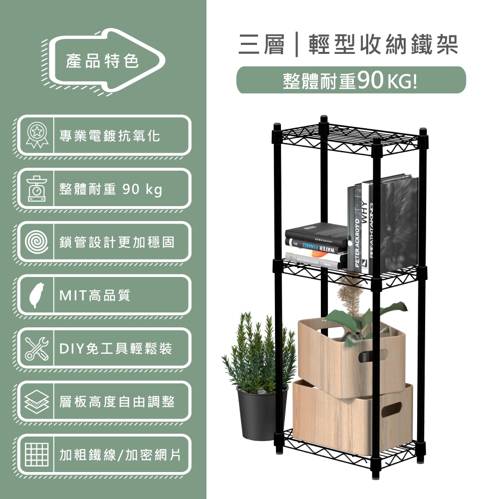 【KIWISH】35X20X90H 黑色三層架 收納架 展示架 鐵力士架 波浪架 架子 桌上置物架 鐵架 層架, , large