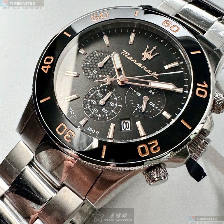 [星晴錶業]MASERATI手錶,44mm,R8873600003黑色錶面黑錶殼銀色精鋼錶帶款, , large