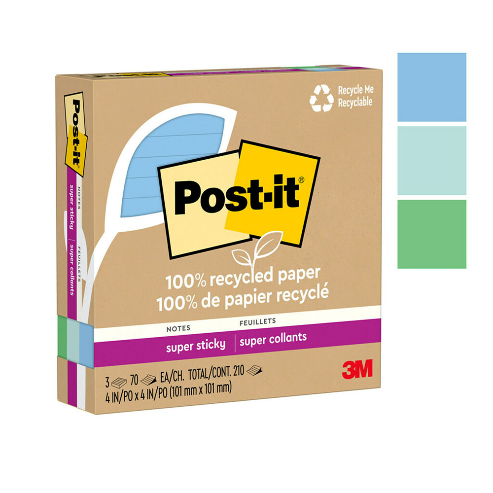 【3M】Post-it 利貼 狠黏 環保橫格便條紙 101x101mm（70張 /本）混色3本 /盒 675R-3SST, , large