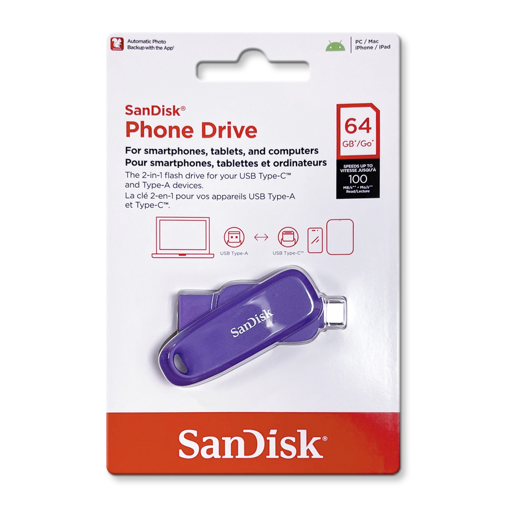 【SanDisk】Phone Drive DDC6 紫色 64G TYPE-C USB 3.2 雙用 OTG 旋轉隨身碟 讀取速度 100MB/s, , large