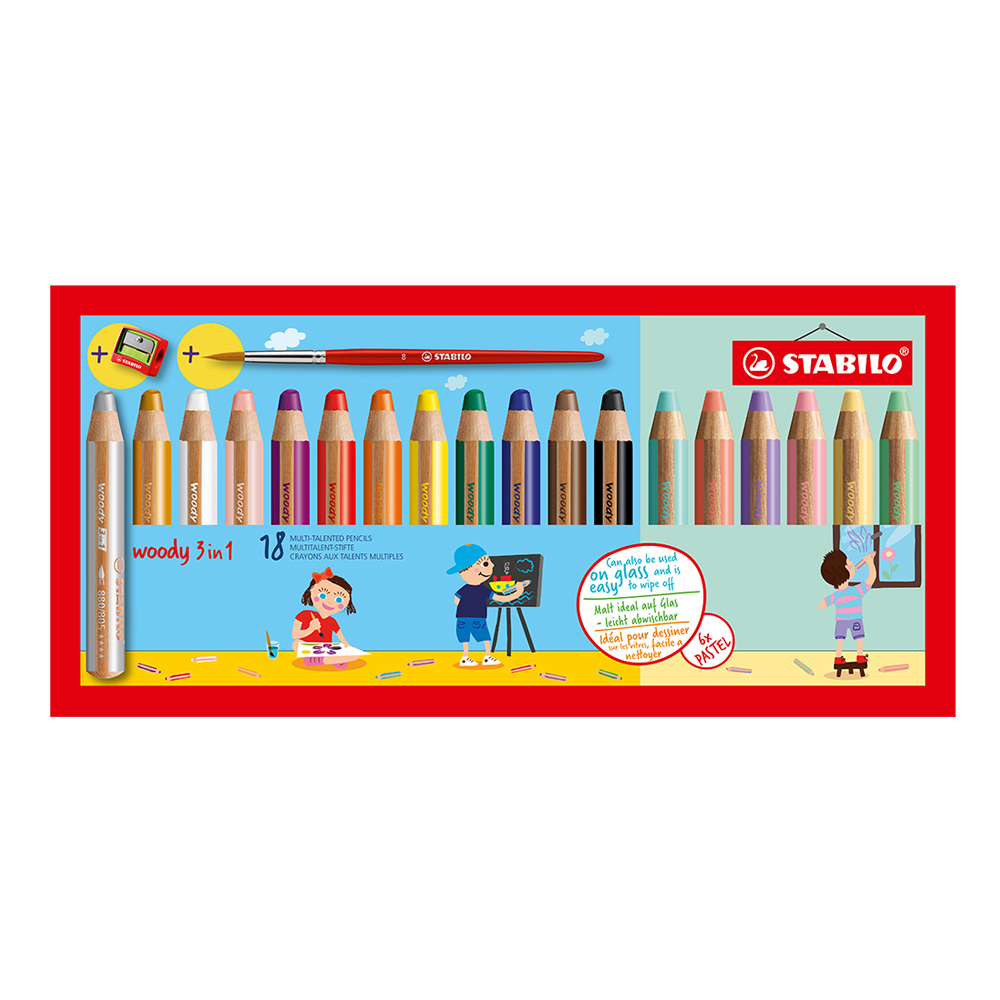 【STABILO】思筆樂 Woody 3合1多用途水彩粉蠟筆 18色附專用削筆器+筆 / 組 880/18-4, , large