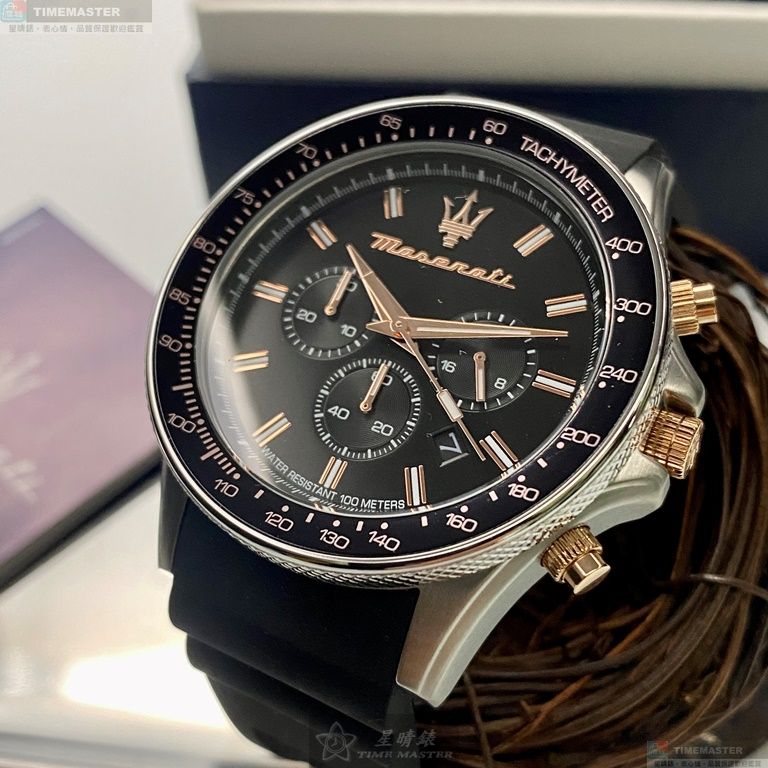 [星晴錶業]MASERATI手錶,44mm,R8871640002黑色錶面銀黑色錶殼深黑色矽膠錶帶款, , large