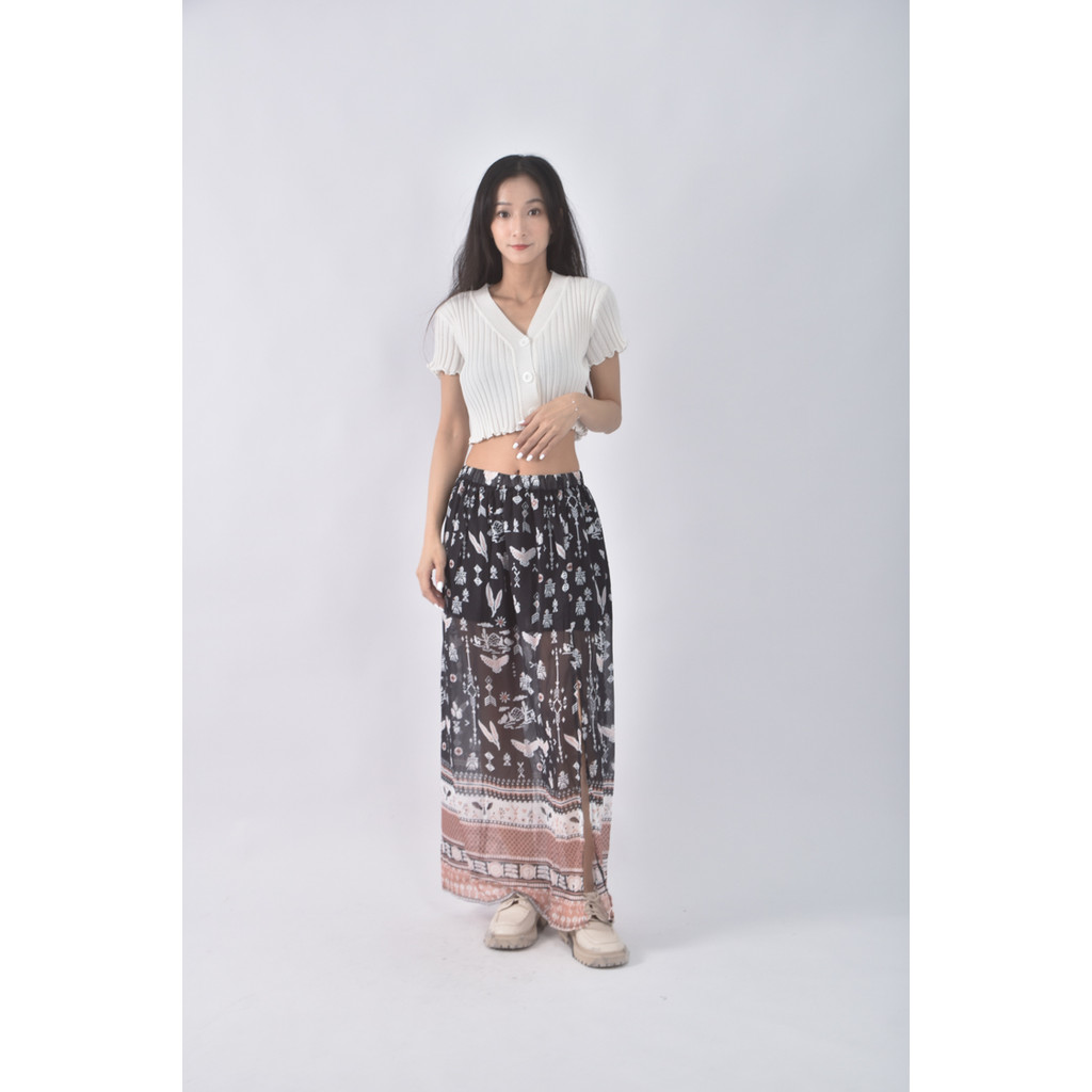 (S) 質感撞色開岔黑色長裙二手衣, , large