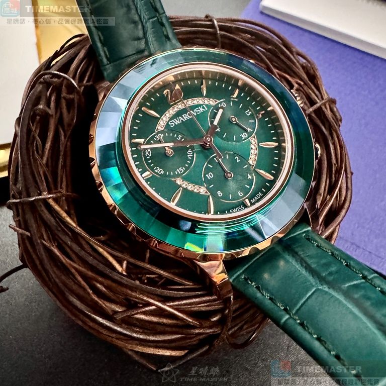 [星晴錶業]SWAROVSKI手錶,40mm,SW00030墨綠色錶面玫瑰金錶殼綠真皮皮革錶帶款, , large