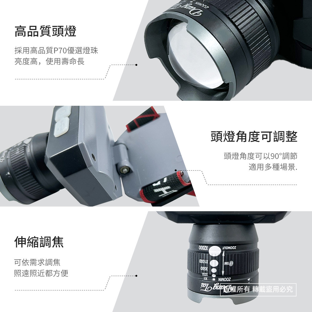 WT-185 東泰 65W黃白光伸縮調焦USB充電式頭燈 P70燈珠・多模式照明・附充電線, , large