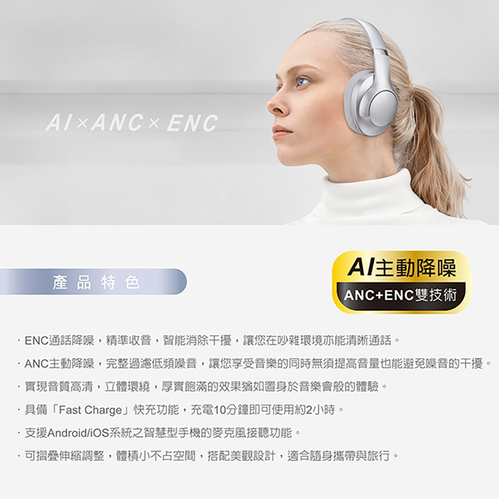 E-books SS64 藍牙頭戴耳機麥克風 ANC降噪 快充 可摺疊 支援iOS/Android, , large