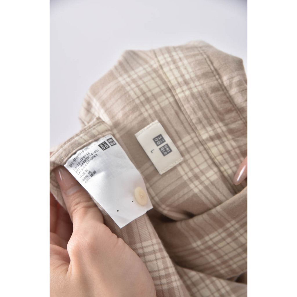 (L) uniqlo棉質格紋杏色長袖上衣二手衣, , large