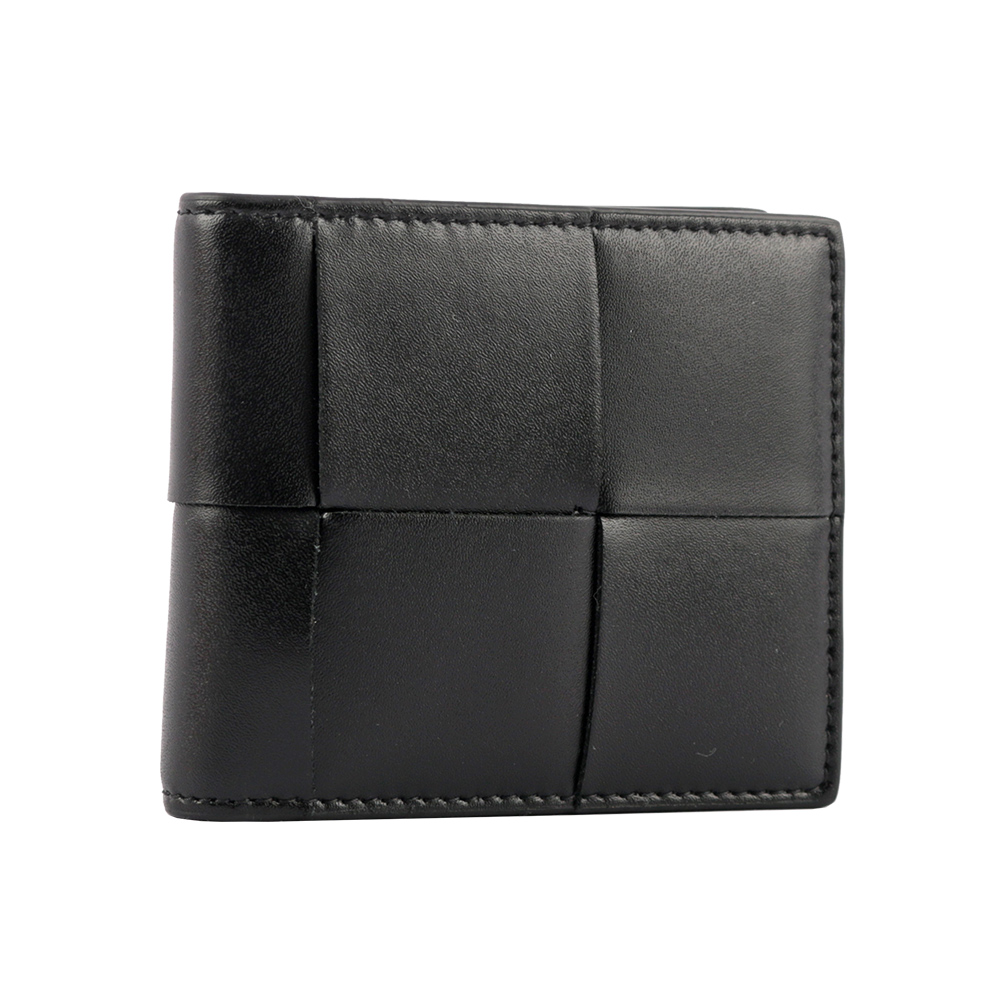 BOTTEGA VENETA 新款小牛皮大格編織對開6卡短夾/黑色, , large