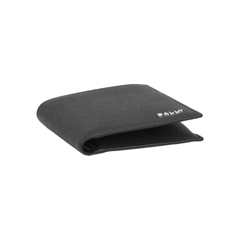 BALLY 銀字Logo 粒紋小牛皮對開零錢袋短夾(黑色), , large