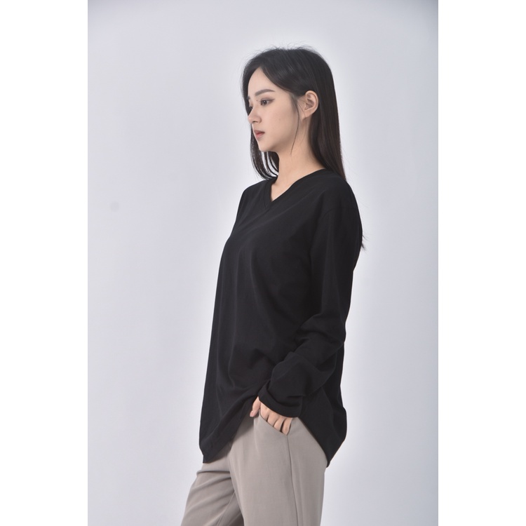 (L) net微v領黑色長袖上衣二手衣, , large