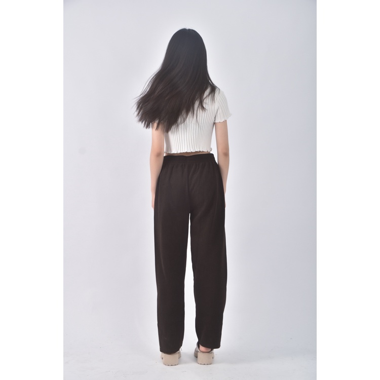 (M) guir 7高腰質感棉質坑紋棕色長褲二手衣, , large