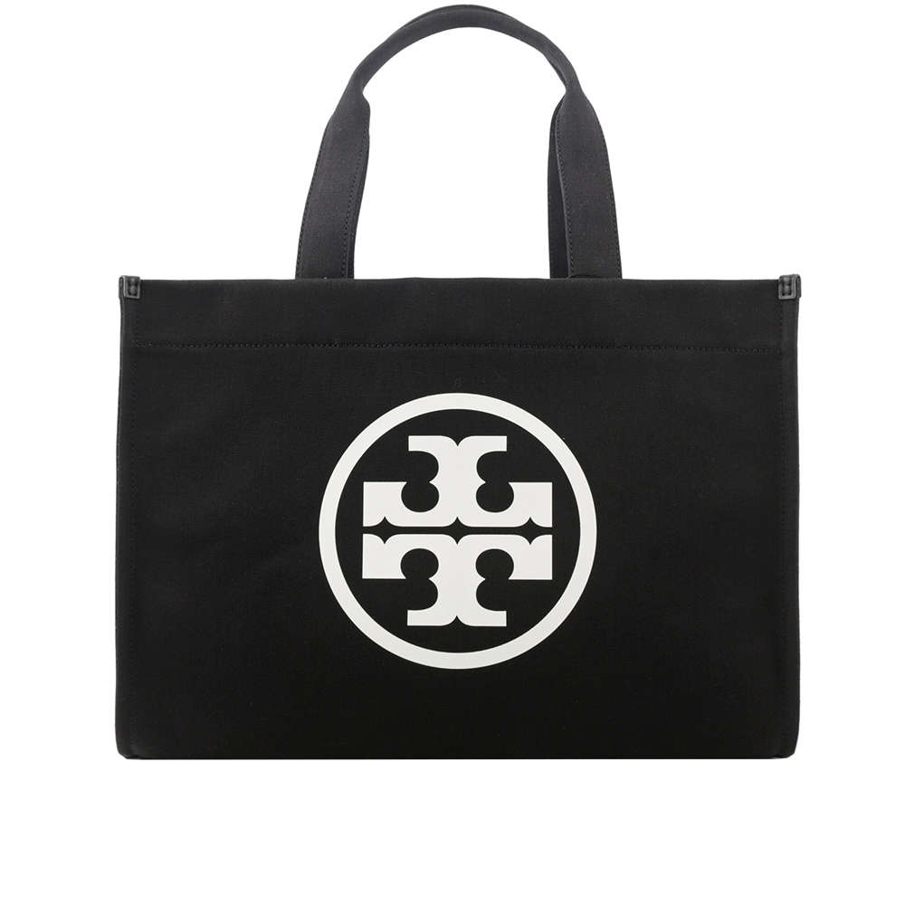 TORY BURCH Ella 圓形標誌棉質帆布大款托特包/黑色