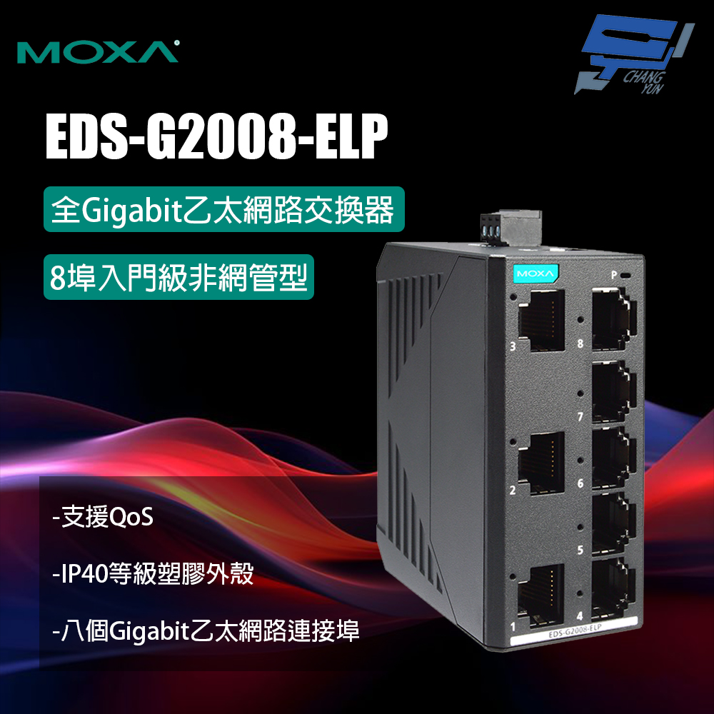 昌運監視器 MOXA EDS-G2008-ELP 塑膠外殼 8埠入門級非網管型 全Gigabit乙太網路交換器, , large