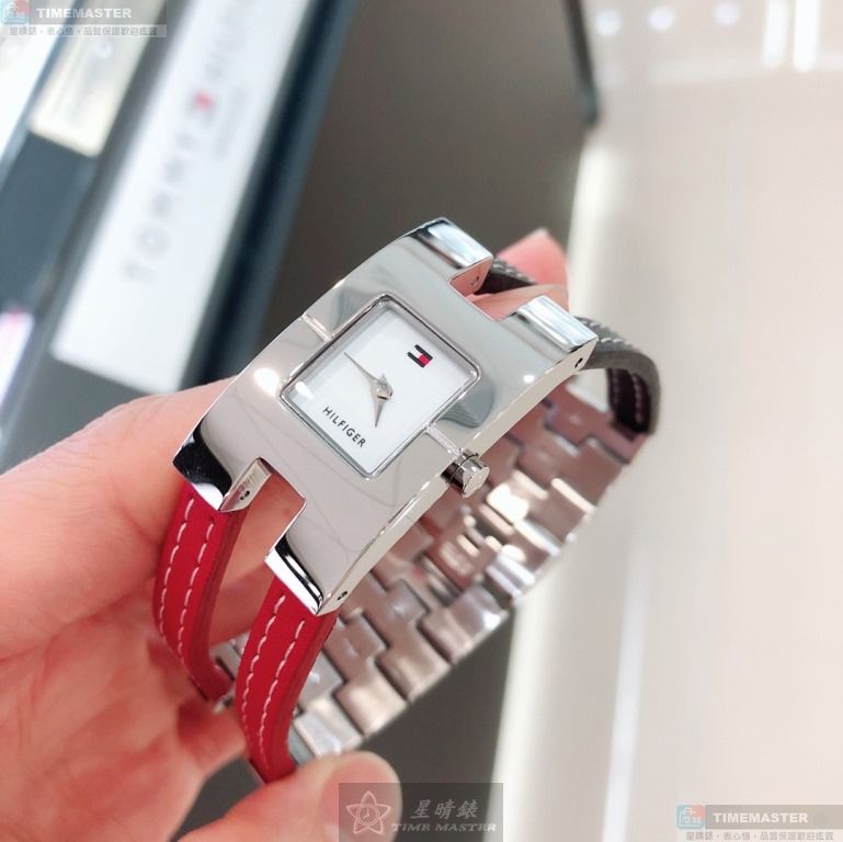 [星晴錶業]TommyHilfiger手錶,20mm, 34mm,TH00073白色錶面銀錶殼藍紅真皮皮革錶帶款, , large