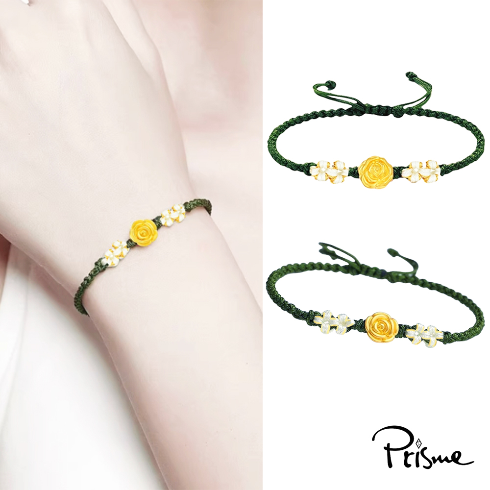 【Prisme Gold】黃金手鍊 玫瑰花 綠色編織手鍊 (金重：約0.04錢±0.02), , large