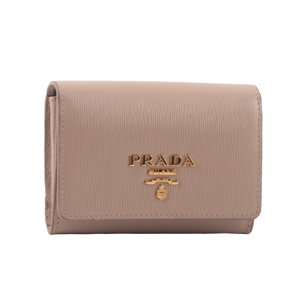 PRADA 浮雕Logo 水波紋皮革翻蓋卡夾/零錢包/藕粉色, , large