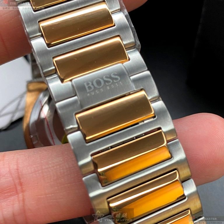 [星晴錶業]BOSS手錶,46mm,HB1513358黑色錶面黑金錶殼金銀相間精鋼錶帶款, , large