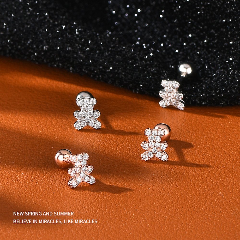 韓版s925純銀迷你小熊熊轉珠耳環  -白金小熊 附馬卡收納盒, , large