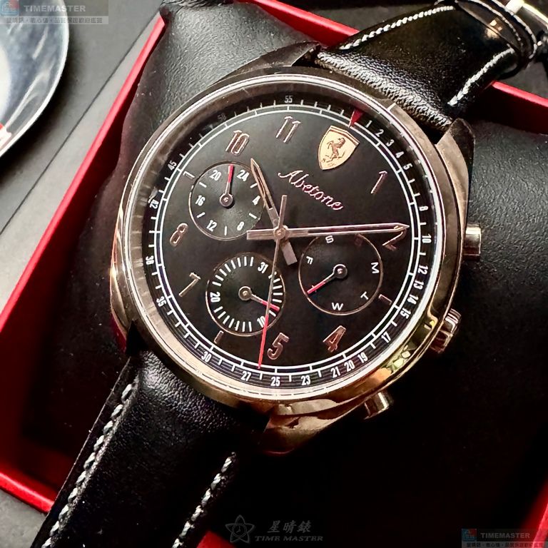 [星晴錶業]FERRARI手錶,42mm,FE00095黑色錶面玫瑰金錶殼深黑色真皮皮革錶帶款, , large