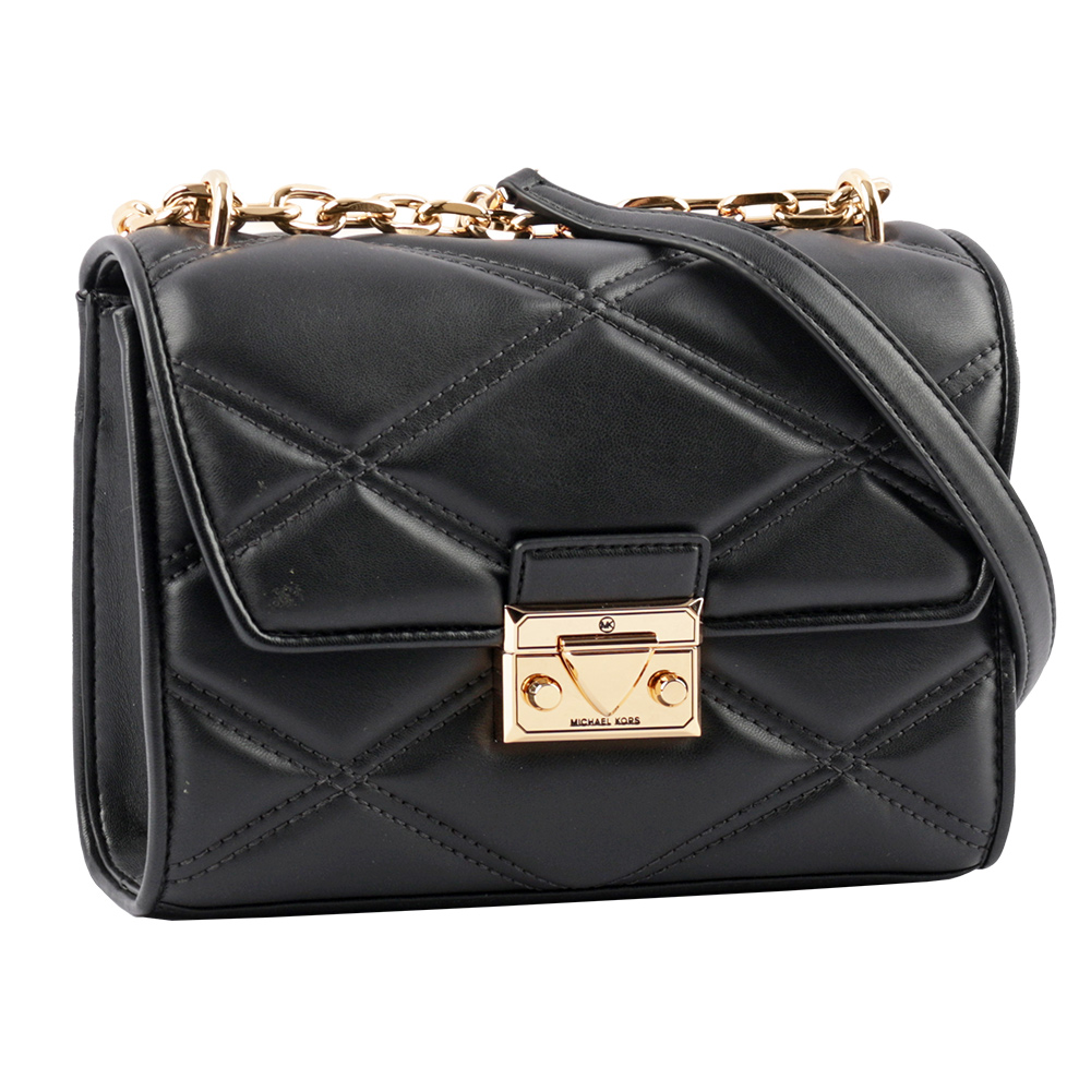 Michael Kors Serena 縫線菱格紋肩背/斜背鍊包/中款/黑色, , large