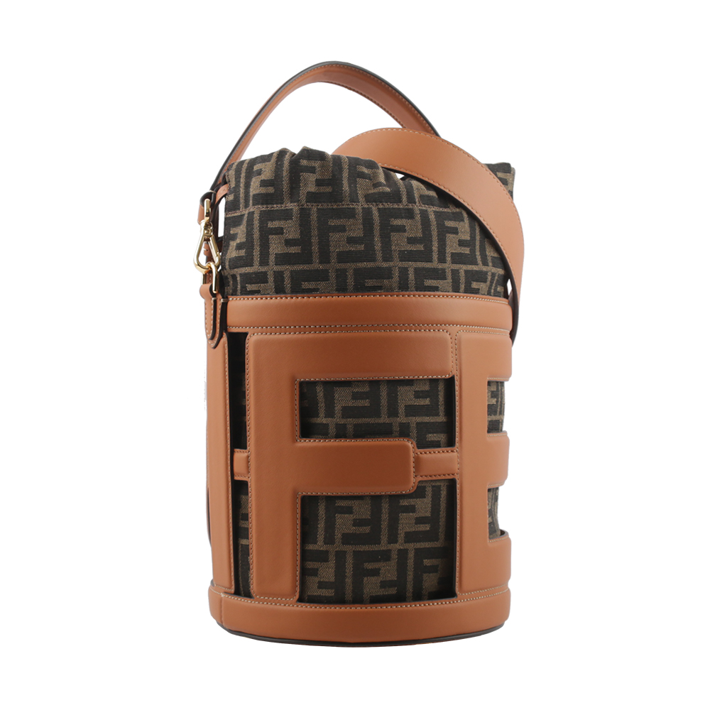 FENDI Step Out 皮革拼緹花布中款水桶包/棕色/焦糖色, , large