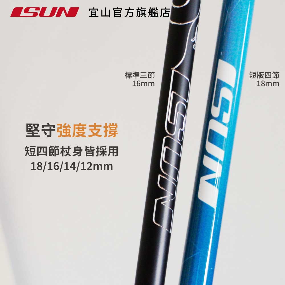 【ISUN】短版四節登山杖 藍色 (2入)｜高密度EVA握把 6011高強度鋁合金 附腳墊及擋泥板 台灣製 宜山登山杖, , large