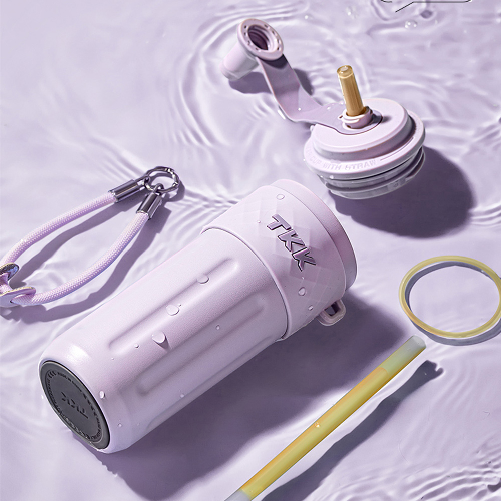 【TKK】律動吸管杯 316不鏽鋼x陶瓷噴塗 保溫杯 運動水壺500ML(附手提繩)-風信紫, , large