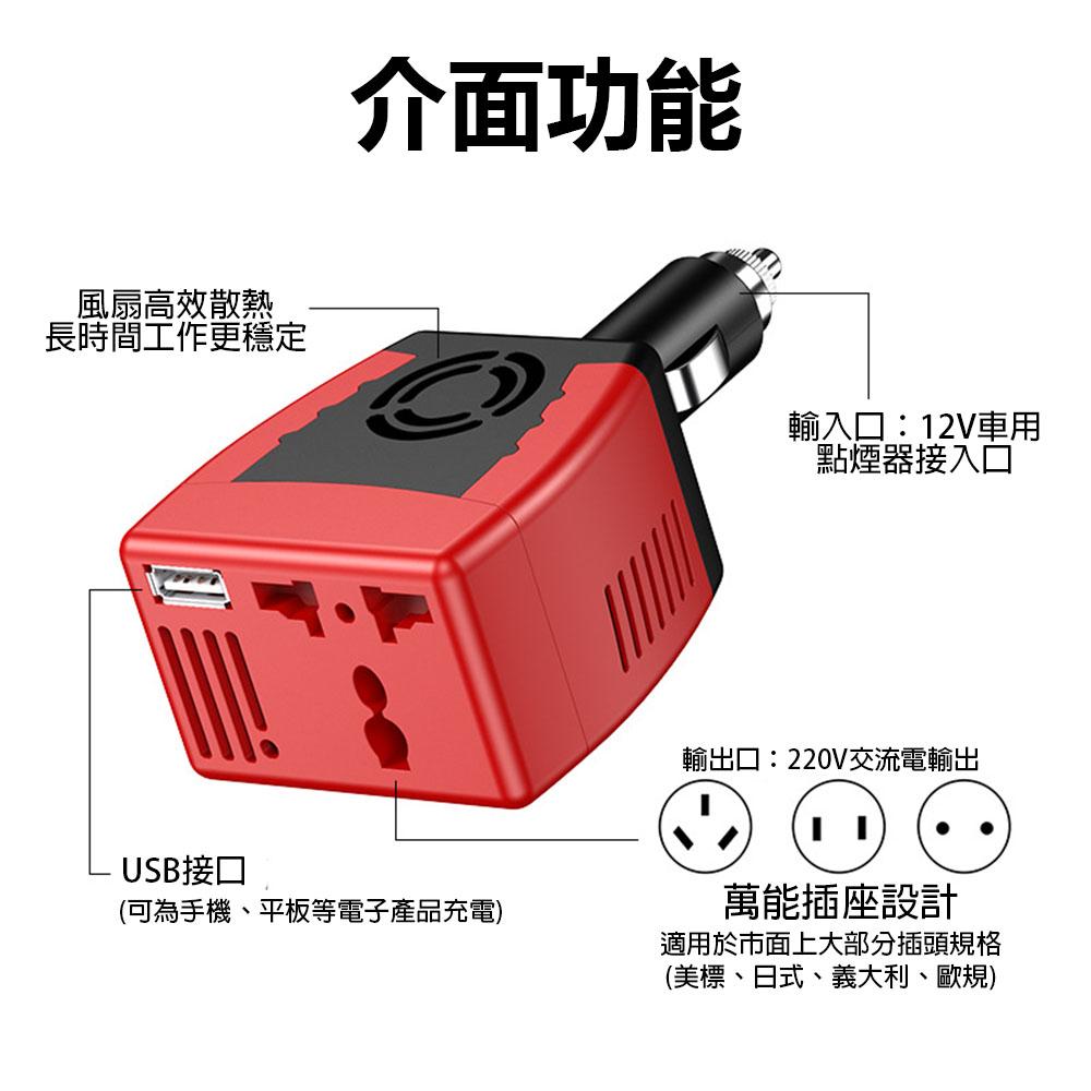 150W Car Socket Transformer 12V to 110V - USB 2.1 with Red Edge, , large