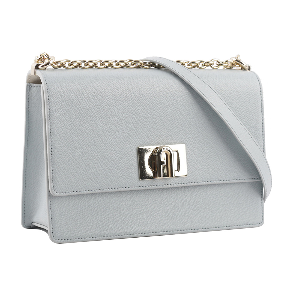 FURLA 1927 拱門轉釦小款翻蓋鏈帶二用包/淺藍色, , large