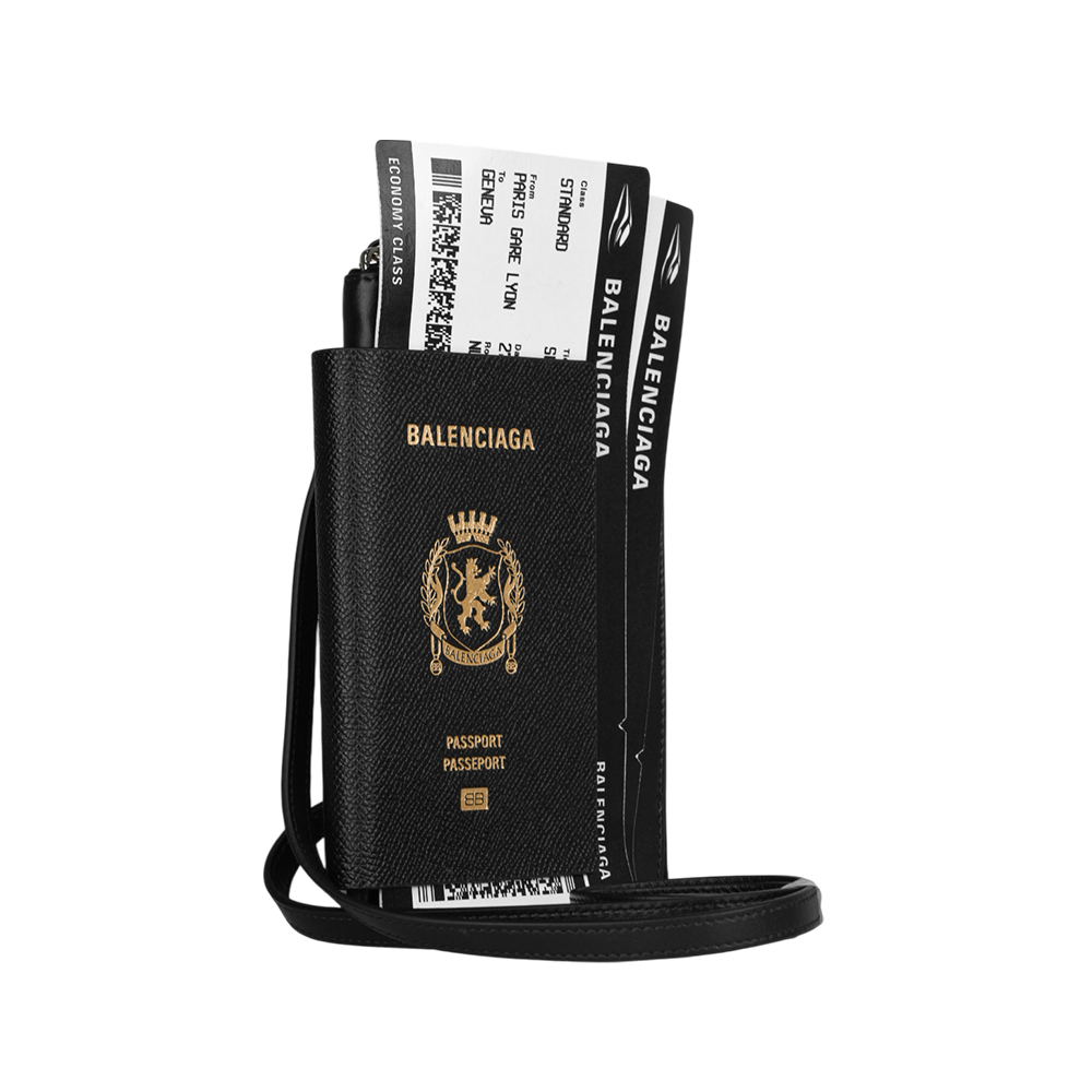 BALENCIAGA 護照及雙機票造型掛脖式拉鍊卡包/手機包/黑色, , large