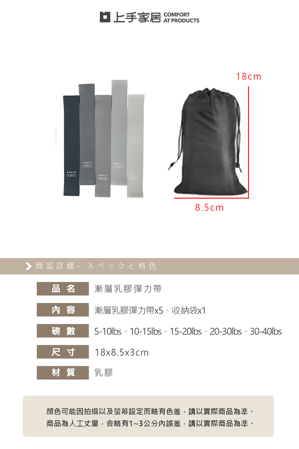 【上手家居】漸層乳膠彈力帶-5入組 漸層灰(彈力繩/拉力帶/阻力帶/瑜珈彈力帶), , large