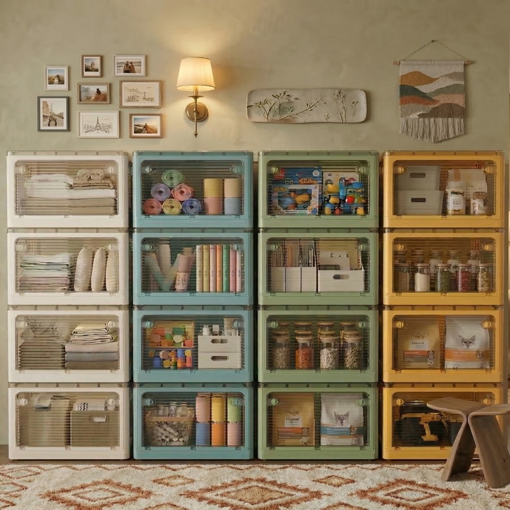 【AOTTO】72L升級加厚款五開門可疊加折疊收納箱-藍色4入(AL-260B), , large