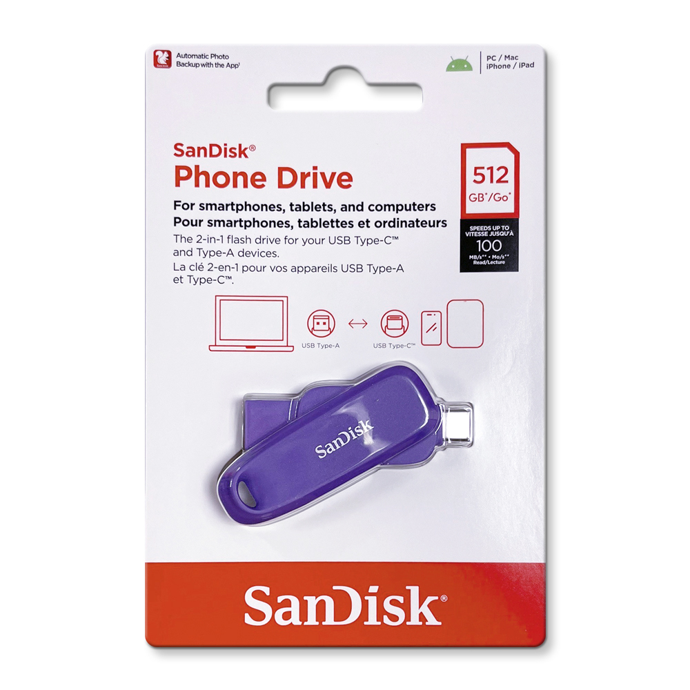 【SanDisk】Phone Drive DDC6 紫色 512G TYPE-C USB 3.2 雙用 OTG 旋轉隨身碟 讀取速度 100MB/s, , large