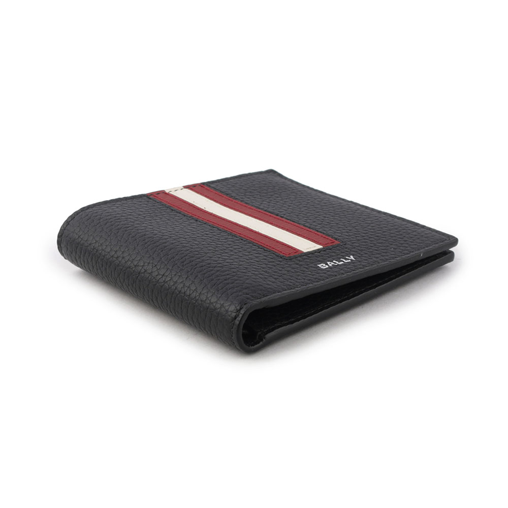 BALLY Ribbon 紅白條紋牛皮對開8卡短夾(黑色), , large