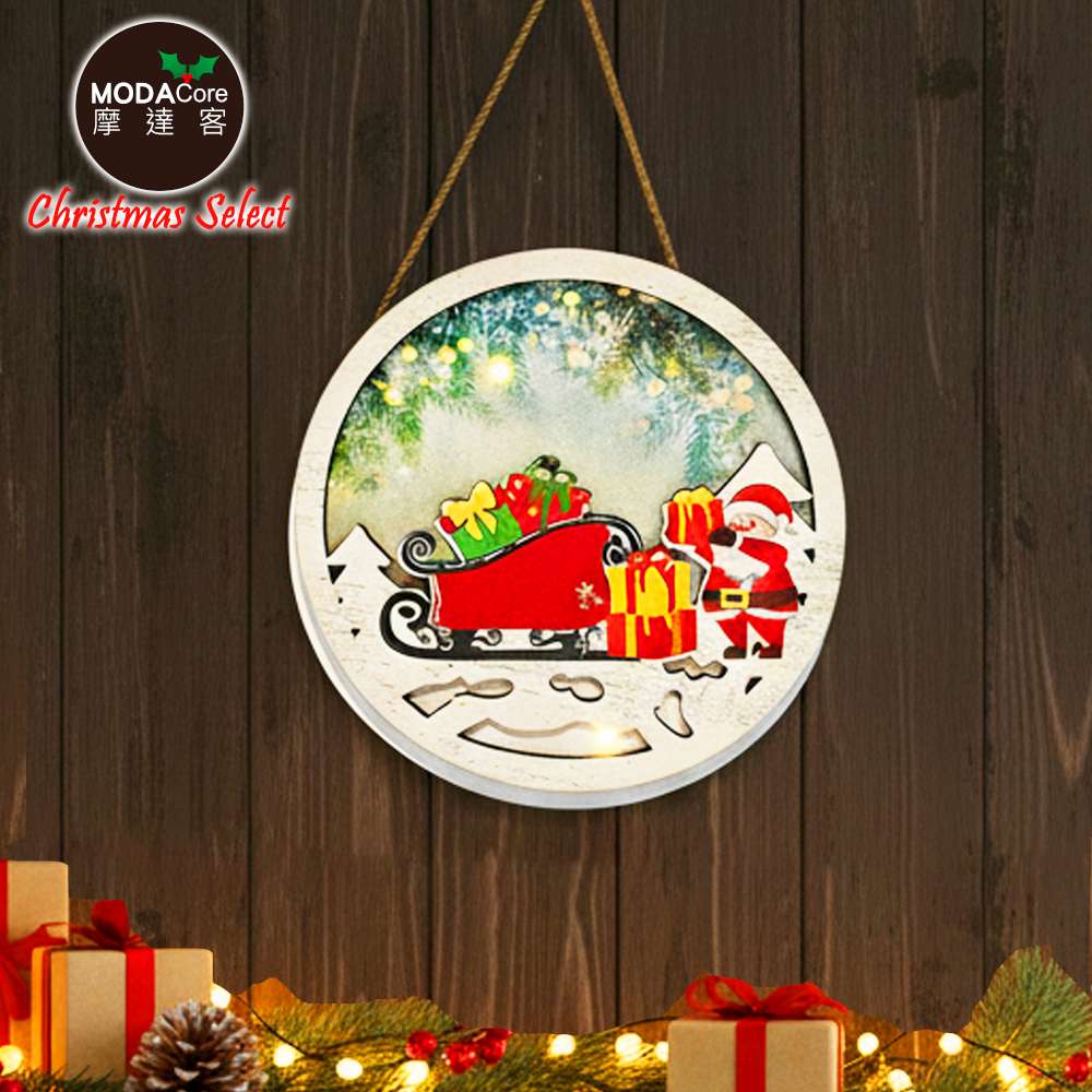 摩達客-圓形木質聖誕老公公拉雪橇彩繪造型吊飾-含燈暖白光-交換禮物耶誕派對佈置, , large
