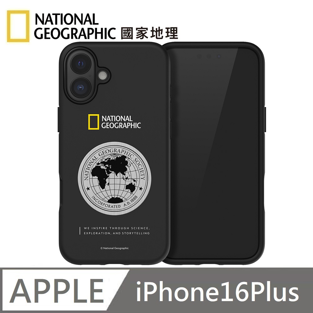 National Geographic Metal Deco Earth Badge Anti-fall Protective Case Mobile Phone Case Applicable to iPhone 16 Plus-Black 