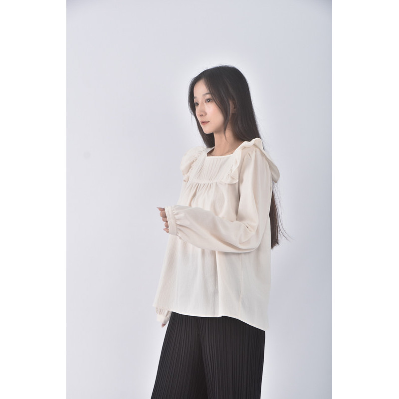 (M) 質感荷葉領口杏色長袖上衣二手衣, , large